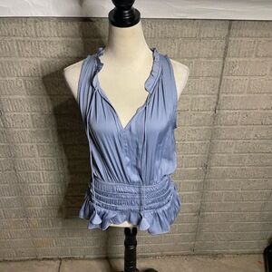 Current Air Light Blue Vneck Ruffled Smocked Satin‎ Sleeveless Blouse Size XS